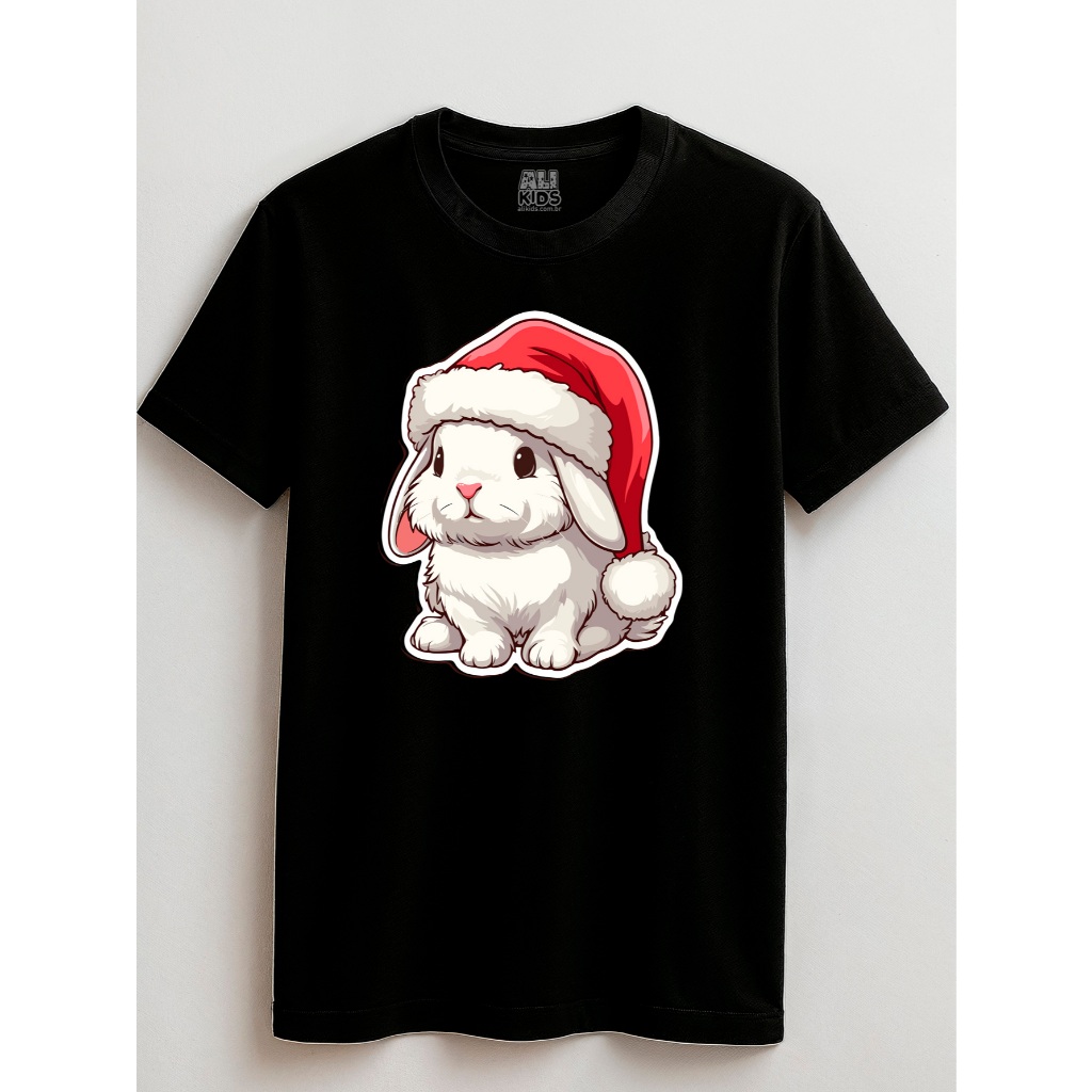 Camisa Coelhinho Natalino 100% Algodão Natal Unissex 2 ao 16 anos Papai Noel Juvenil e Infantil