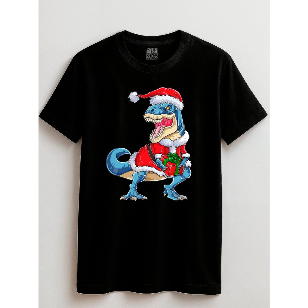 Camiseta 100% Algodão Natal Juvenil e Infantil 2 ao 16 anos Dinossauro T-rex Natalino Noel