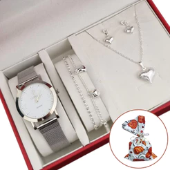 Relógio Feminino Prateado Analógico Prova d'água+ Colar Brincos Folheados Pulseira Feminina com Caixa - Presente mulher