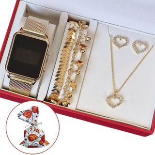 Relógio Digital Feminino Led + Colar Brincos Folheado Ouro + Pulseira C Caixa - Presente dia das Mães, presente de natal em Oferta na Shopee