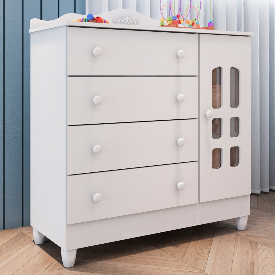 Cômoda Infantil Provençal Lisa 4 Gavetas com Porta Fraldário 100% MDF Branca