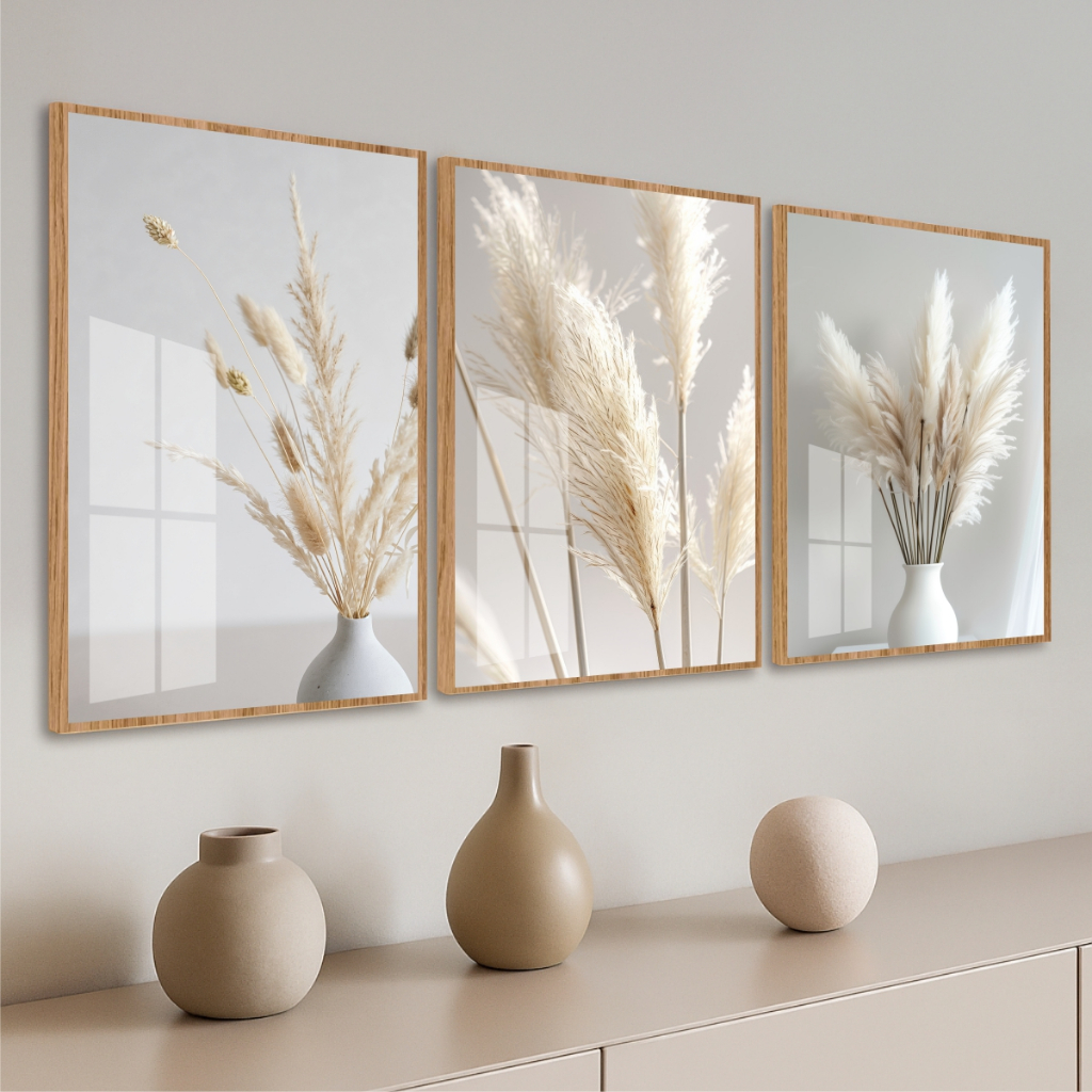 Quadro Moldura Vidro Kit 3 Peças Folhagem Capim Delicada Vasos Decoração Quarto Sala Escritório