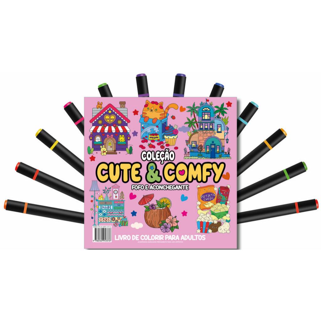 Cute & Comfy Coloring Book for Adults - Fofo e Aconchegante - Livro de Colorir Adulto + 12 Canetas