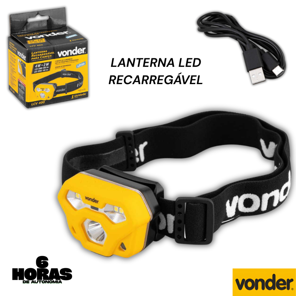 Imagem Lanterna Para Cabeça Recarregável LCV400 Resistente a Agua e a Quedas IP65 IK07 Vonder