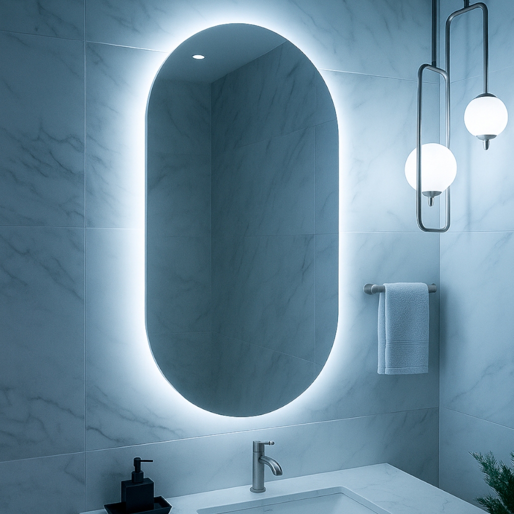 Espelho Grande De Parede Oval Com Led Orgânico Banheiro Sala Quarto Luz Quente E Fria e Sem Led