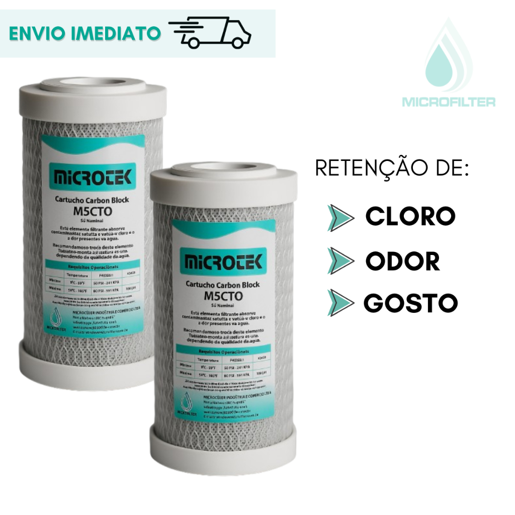 kit Com 2 Refil Filtro Carvão Ativado Carbon Block 5" Tira Cloro Gosto e Odor da Água Kit C/ 2 Pçs