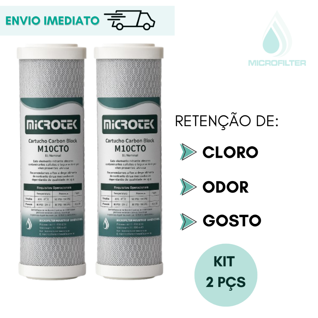 Refil Filtro Carvão Ativado Carbon Block 9.3/4 Remove Cloro e Odor da Água Purificador Kit 02 Pçs