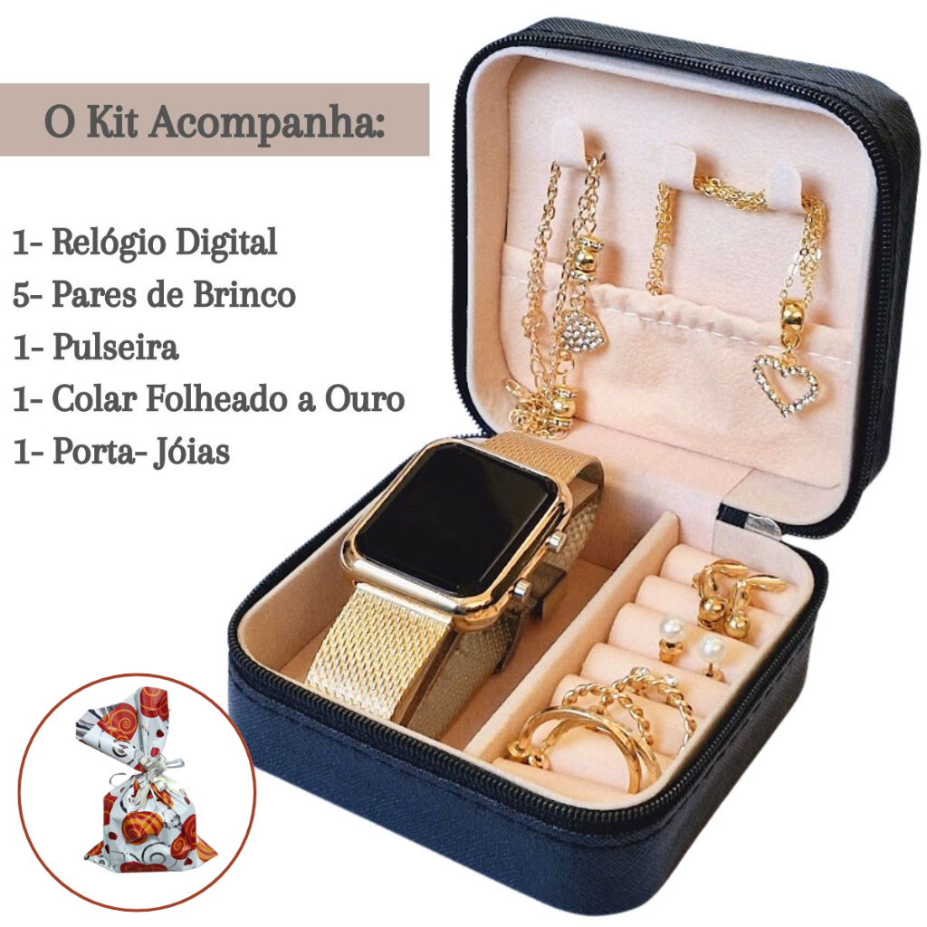 Relogio feminino Digital  + Acessórios  - 6x Bincos  Colar Pulseira Porta Joias - Presente para mulher, presente natal em Oferta na Shopee