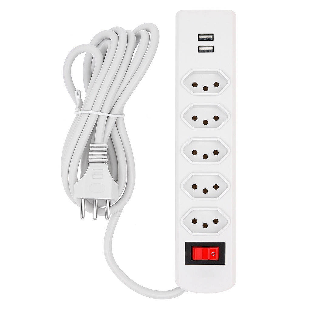 Extensão Filtro De Linha Multifuncional 5 Tomadas 2 USB 10A Bivolt Linha Premium