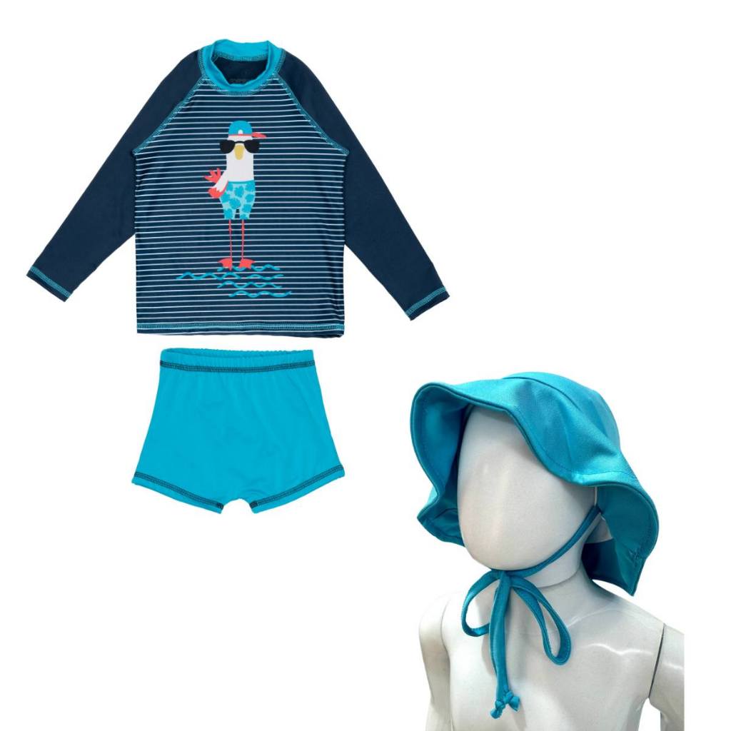 Conjunto Infantil Menino Blusa Manga Longa e Sunga Forrada + Chapéu Proteção Solar UV50+ Bebê