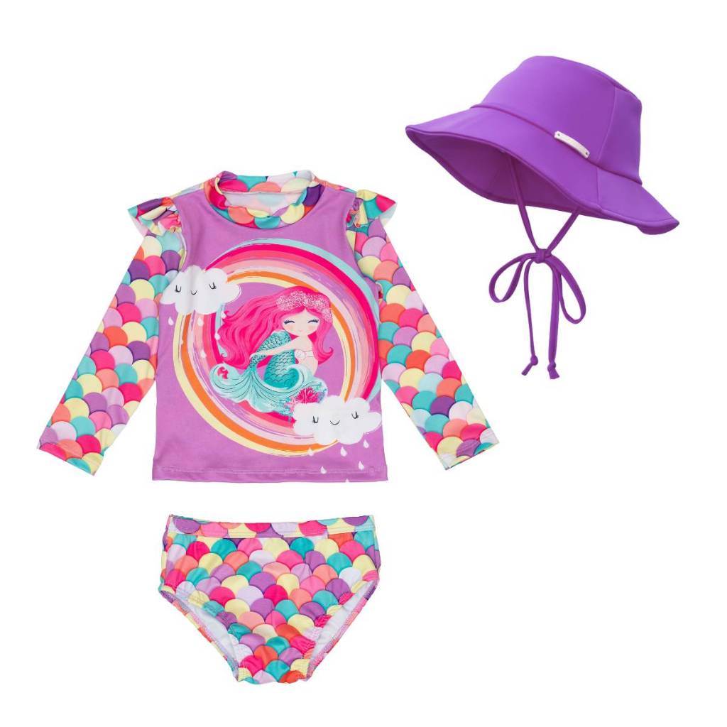 Conjunto Menina Proteção Solar Biquíni Blusa Manga Longa e Calcinha Praia + Chapéu Infantil Bebê