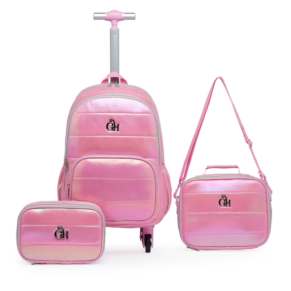 Kit Mochila Lancheira Estojo Espaçosa Rodinha Guelph Feminina