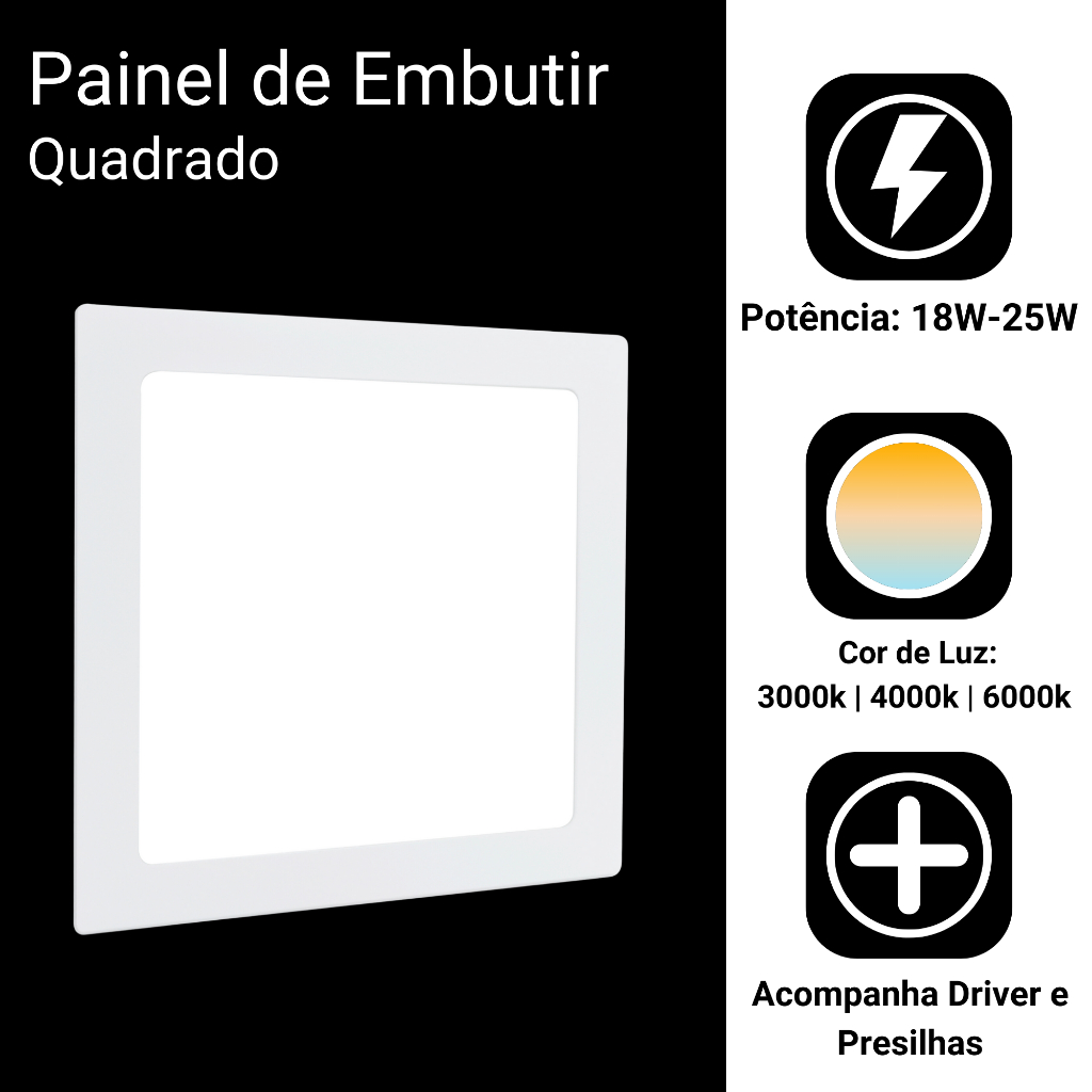 Kit 6 Painel Embutir 25w Quadrado Plafon Led Cor de Luz Frio | Neutro | Quente Bivolt 110v 220v