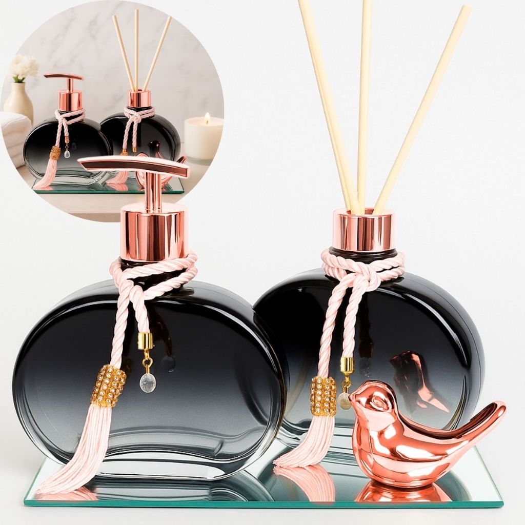 Kit Lavabo Luxo Vidro Jolie Degrade preto 300ml com Passarinho Decorativo e Bandeja Espelhada — imagem 2 de 2