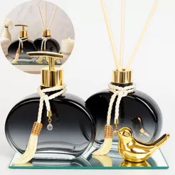 Kit Lavabo Luxo Vidro Jolie Degrade preto 300ml com Passarinho Decorativo e Bandeja Espelhada