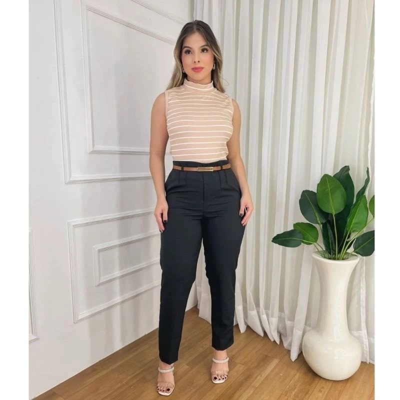 Calça Feminina Alfaiataria com Cinto Cintura alta com bolso na frente Zíper na Lateral - Moda Feminina