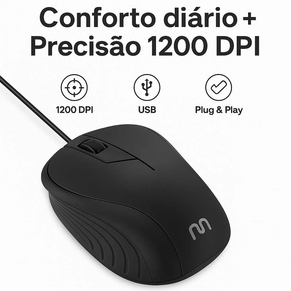Mouse Fio Multilaser Preto Mo222 – 1200 Dpi, Usb, Ergonômico e Leve Multilaser