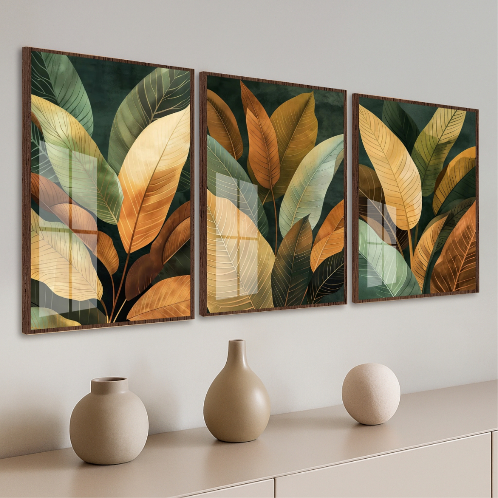 Quadro Moldura e Vidro Kit 3 Peças Folhagem Tons Bege Marrom Verde Decoração Quarto Sala Escritório