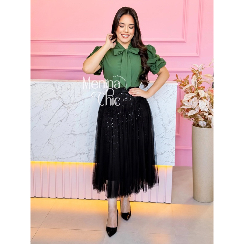 Saia midi paetê com tule Moda Evangélica Jovem Evangelico Modesto Luxo Casamento Festa Elegante oi