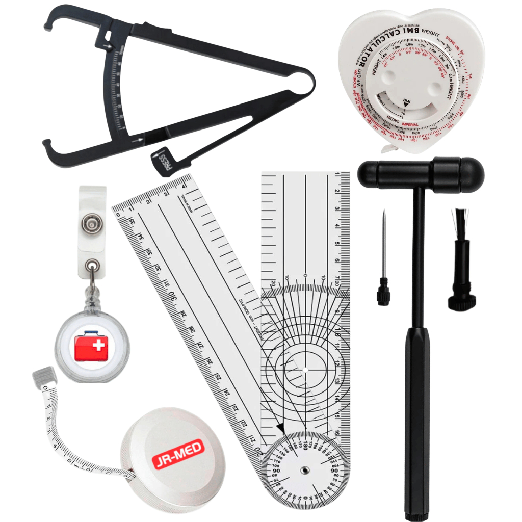 Kit Fisioterapia Goniômetro Martelo Buck Trena Antropométrica Adipômetro Medidor Gordura Corporal