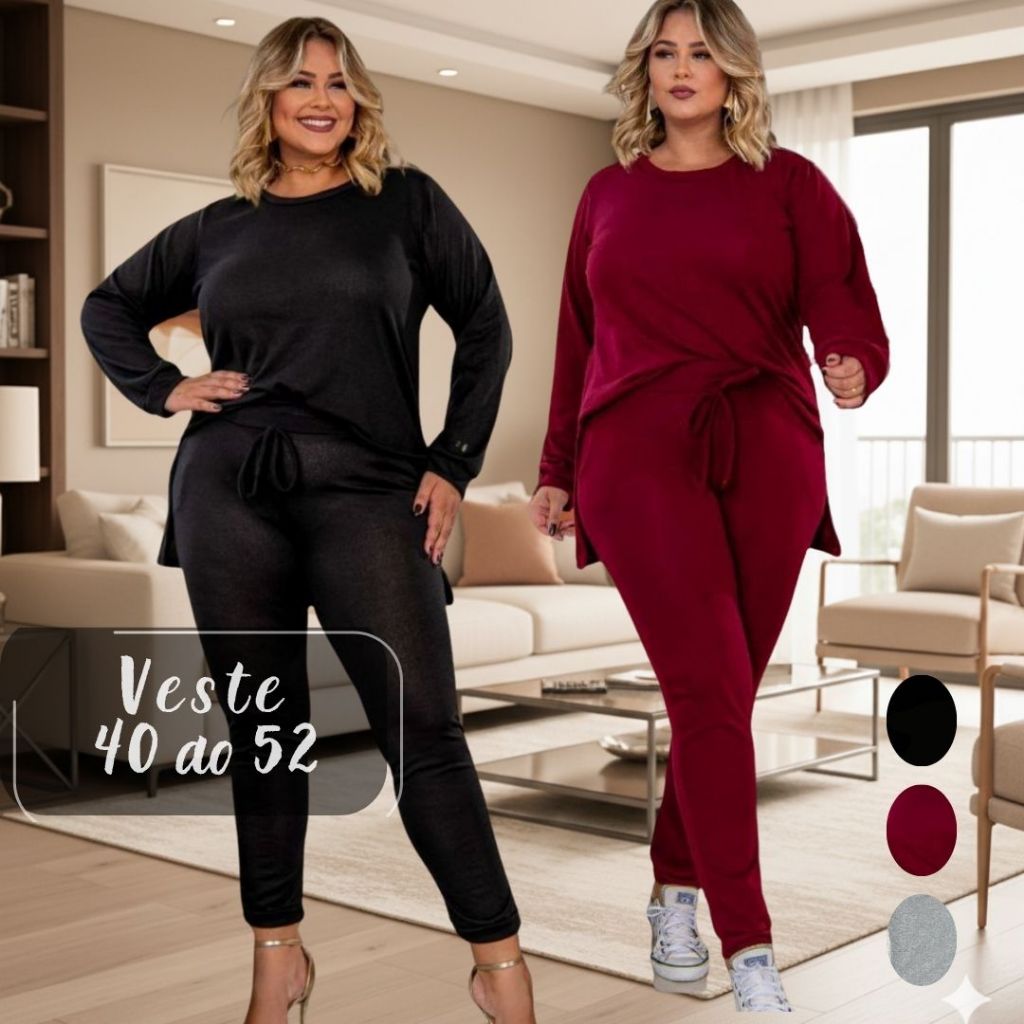 Kit Conjunto Feminino De Frio Moda  Inverno Blusa e Calça Lã Batida Look Inverno Plus Size Curve