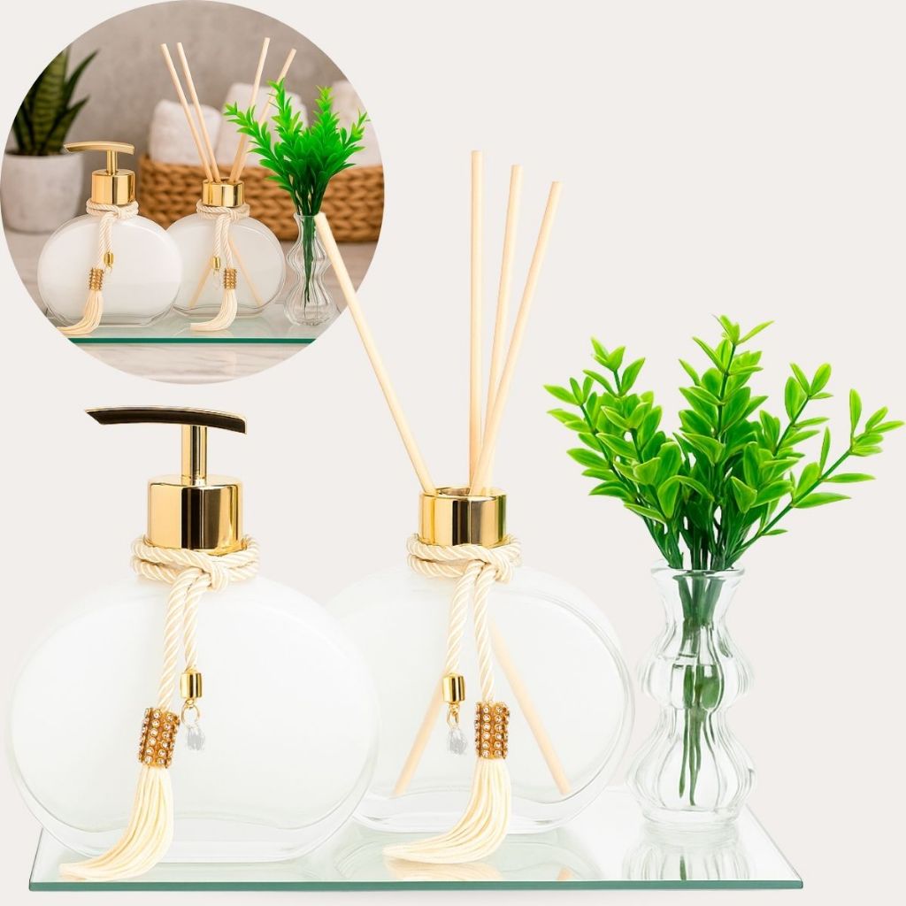 Kit Lavabo Jolie 300ml Difusor e Saboneteira em Vidro Degradê Branco com Bandeja Decorativa