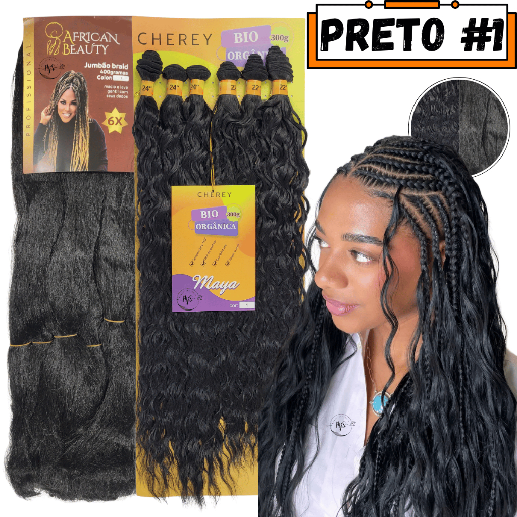 Kit 1 Cabelo Jumbo Jumbão African Beauty 400g Fulani Braids + 1 Cabelo Cacheado Bio Orgânico 300g