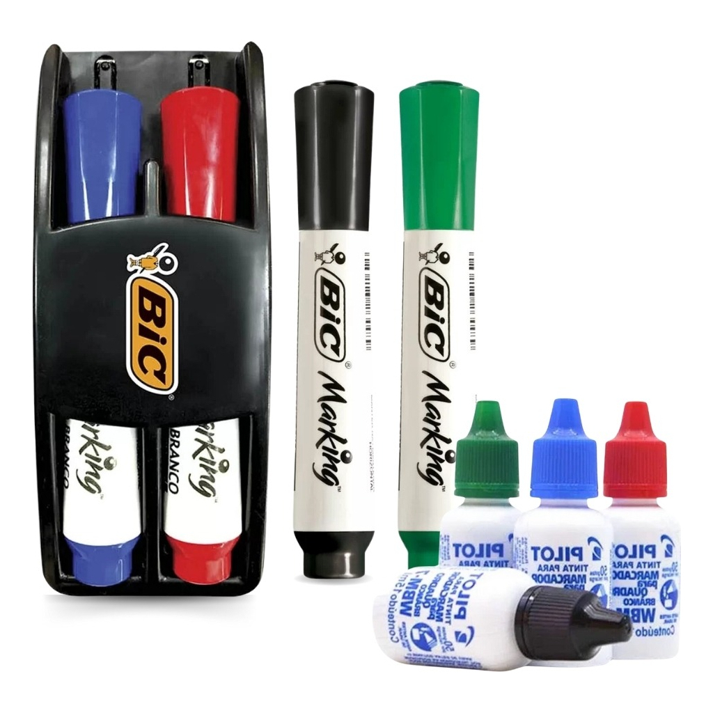 Pincel Marcador + Apagador Para Quadro Branco Lousa de Vidro Refil Tinta 4 Cores