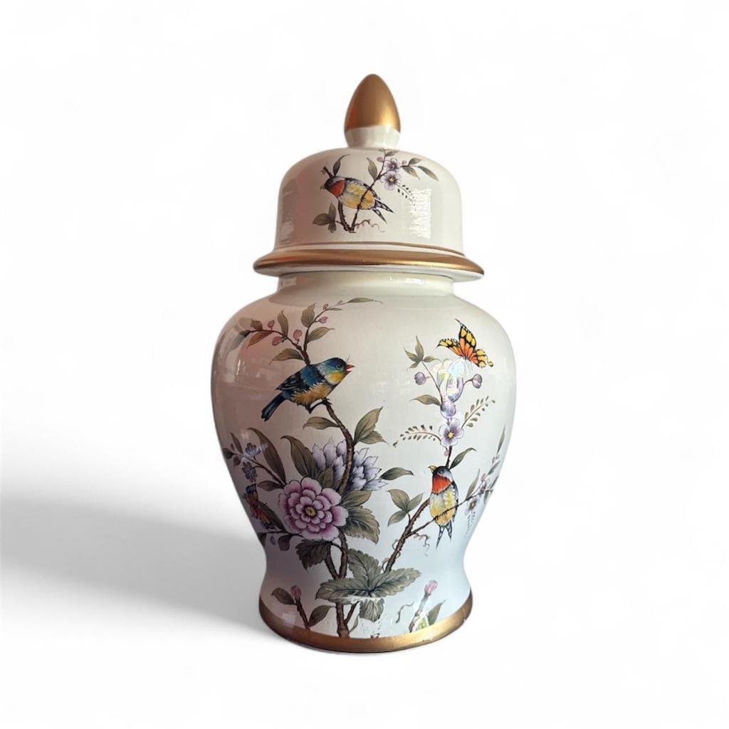 Potiche Cerâmica Vaso Tampa 44cm Importado China Decoração Branco Flores E Pássaros