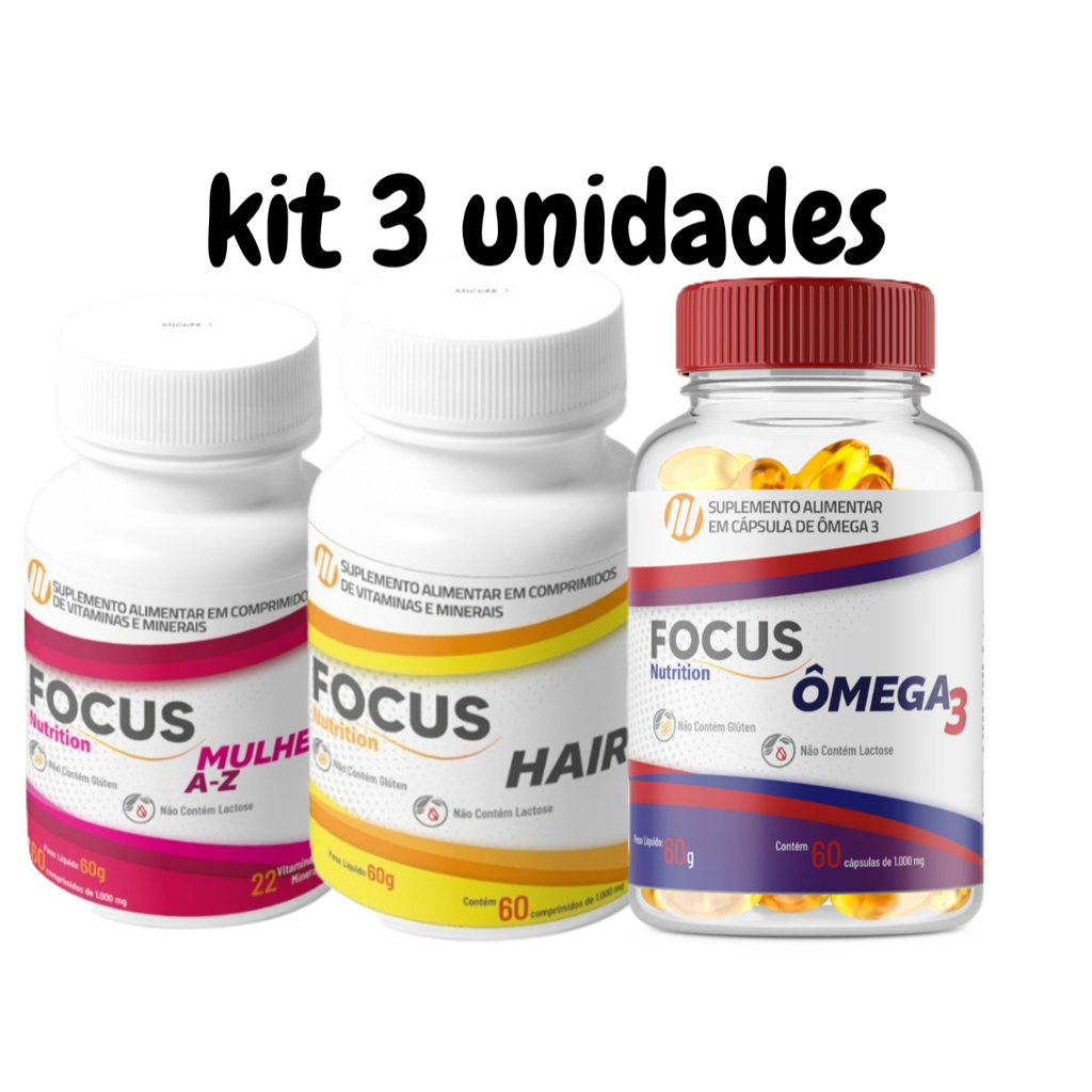 Kit Saúde Feminina Multivitamínico 1 frasco A-Z Mulher + 1 frasco Hair + 1 frasco Ômega 3 1000 mg