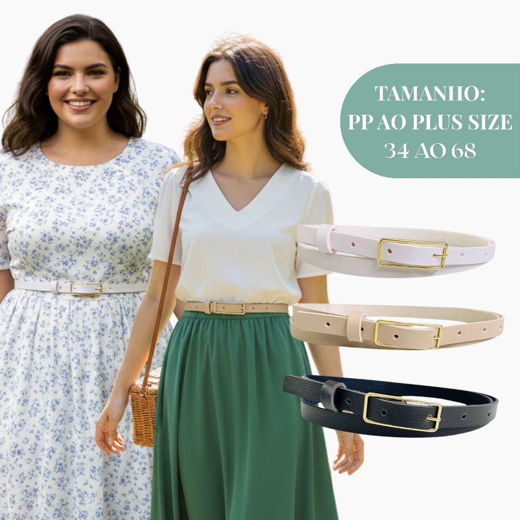 Kit 3 Cintos Feminino Básico Casual para vestido, Fivela Prata e Dourada, Fino 1.5cm - Nanda