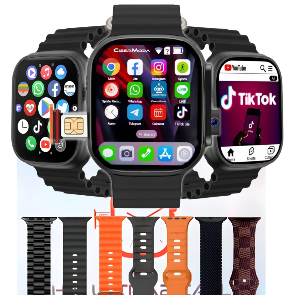 Smartwatch Celular de Pulso 4G 2/64gb 7 Pulseiras Extras Android Amoled 2 Cameras Wifi