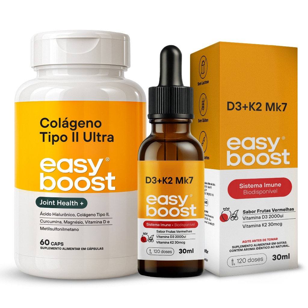 Colágeno Tipo 2 Ultra 60 Cáps + Vitamina D3 + K2 MK7 em Gotas Easy Boost | Suplemento Vitamínico