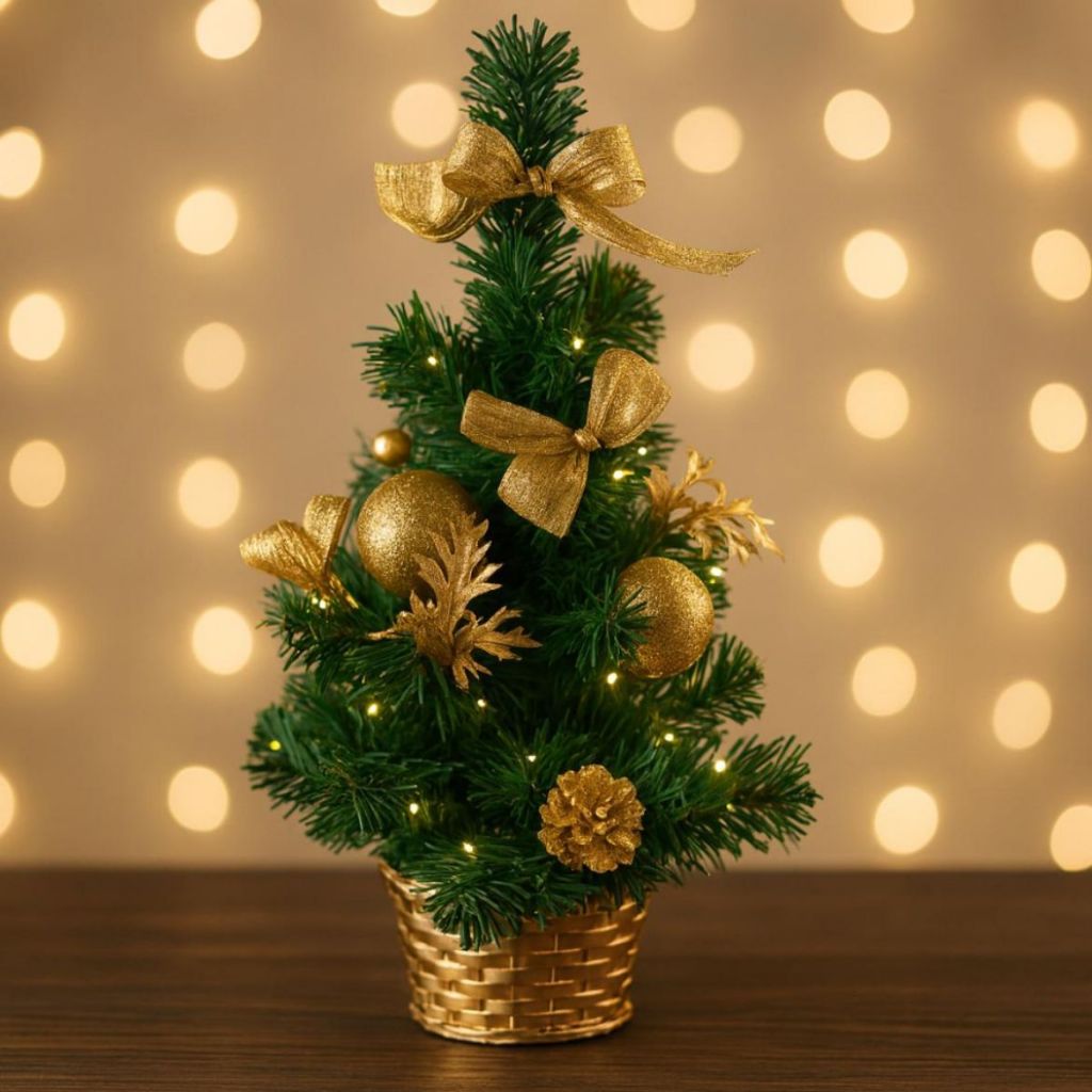 Mini Árvore De Natal Com Pinhas Bolas E Laços Mesa Vermelha - Dourada
