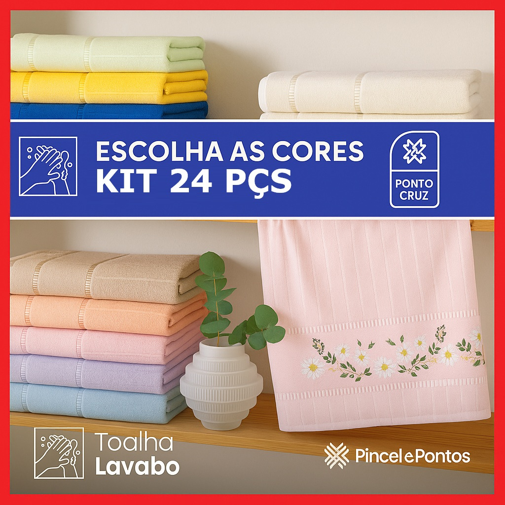 Döhler Kit 24 Toalhas Lavabo Bella 30x45 cm | Bordar Ponto Cruz | Pacote Especial