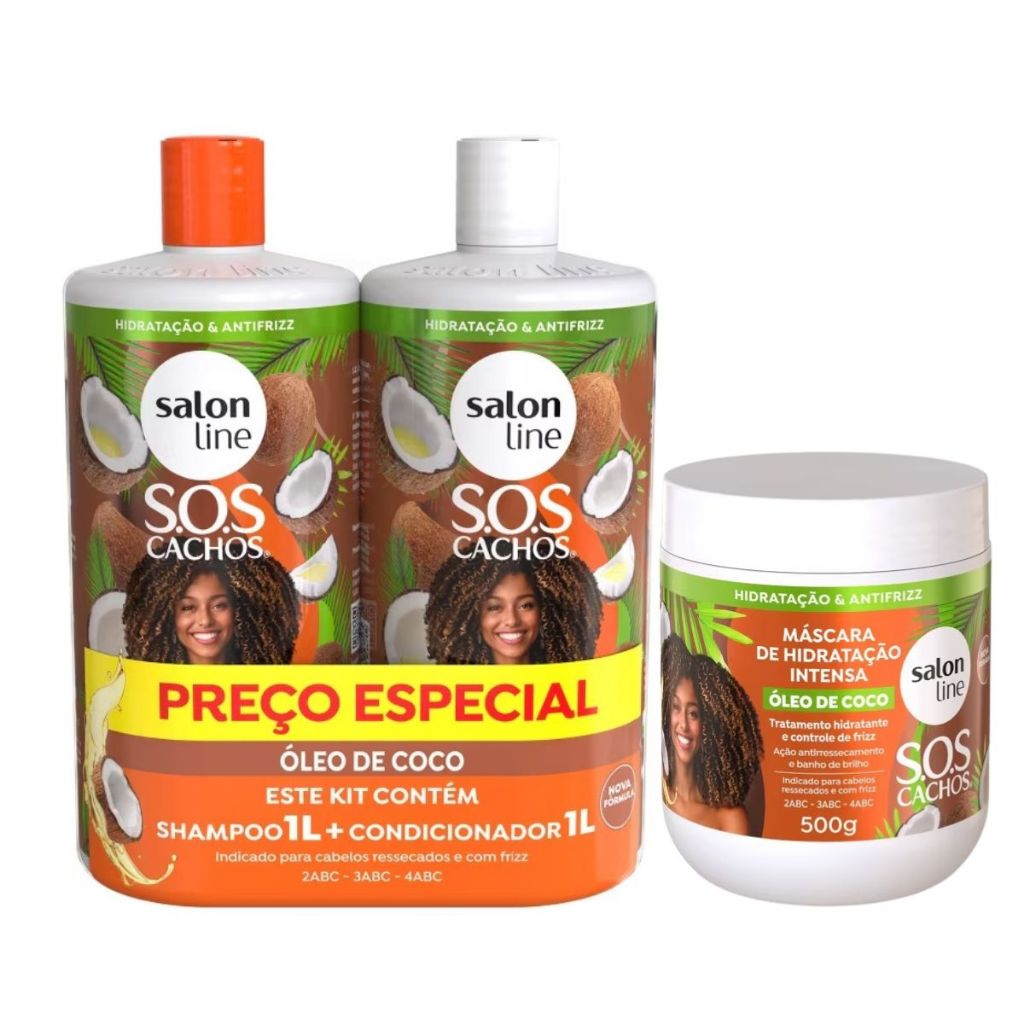 Shampoo Condicionador E Mascara S.O.S Cachos Coco Salon Line