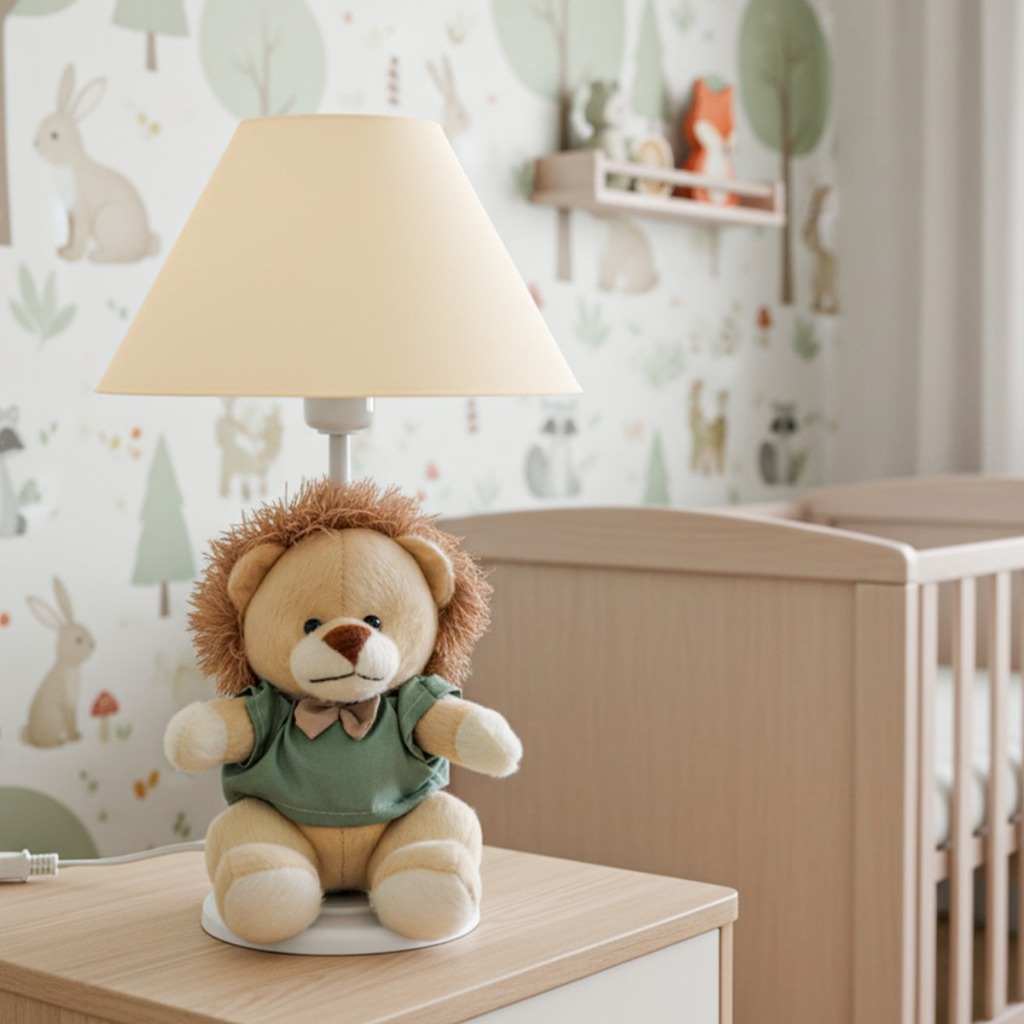 Abajur Luminária Infantil Safari Leão Pelúcia Decoração Quarto de Bebê