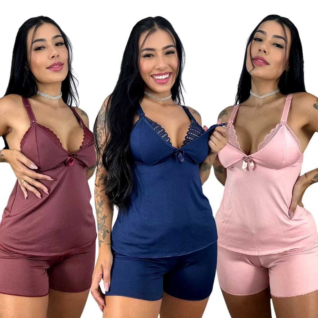 Kit 3 Baby Doll Amamentaçao Regata Botao Amamentar Short Curto Pijama Gravida Gestante Pós Cirurgico Parto em Oferta na Shopee