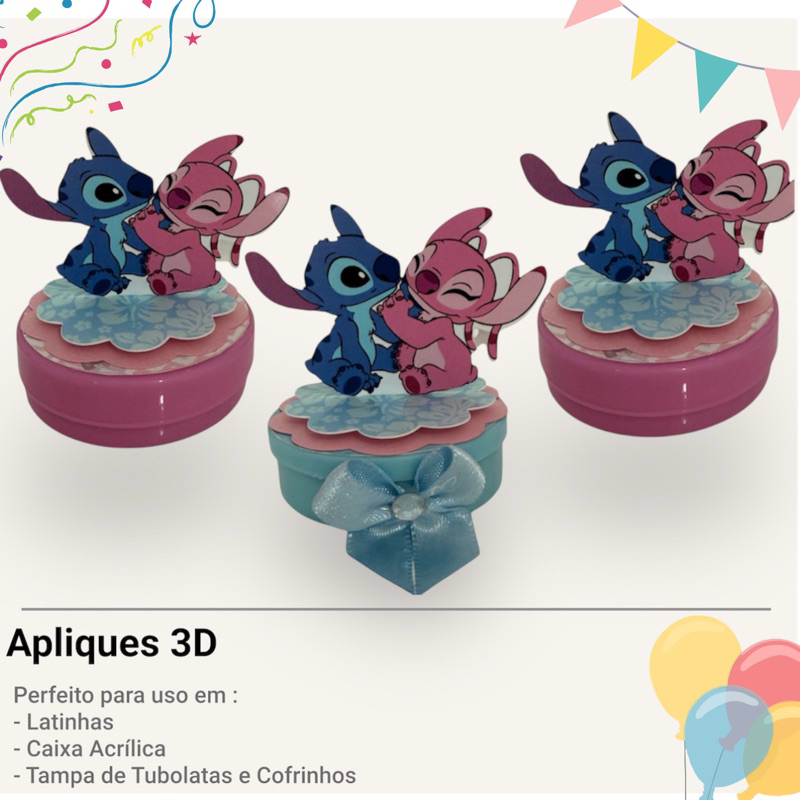 Aplique 3D Personalizado 20 e 40 und TAG em camadas STITCH  p/ uso em  Latinhas e Caixa Acrílica