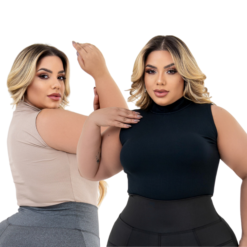 Blusa Feminina Plus Size Regata Gola Alta Canelada Premium Casual G1 a G3 Confortavel (Kit 2)