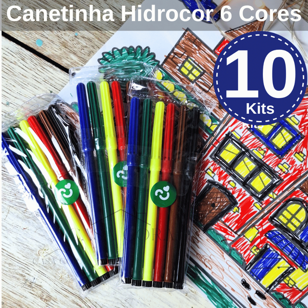 Canetinha Hidrocor 10 Kits Com 6 Cores Caneta Para Colorir Lembrancinhas Festa Escola Volta as Aulas