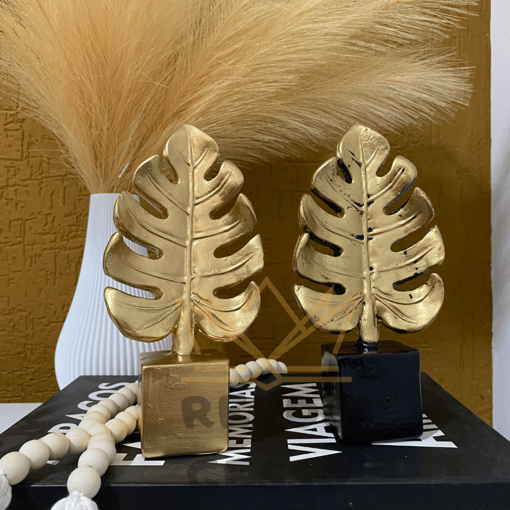 Escultura Folha Costela De Adão Ouro Decoração Luxo Casa Mesa Escritório