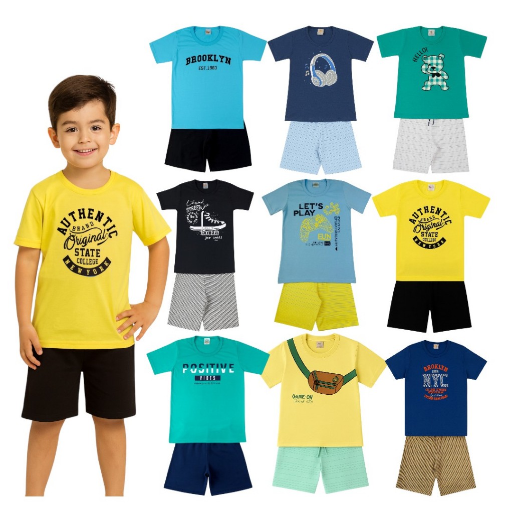 Kit Roupas Infantil Menino Verão 6 ou 10 Peças – Conjuntos de Camiseta e Bermuda com Cores e Estampas Sortidas