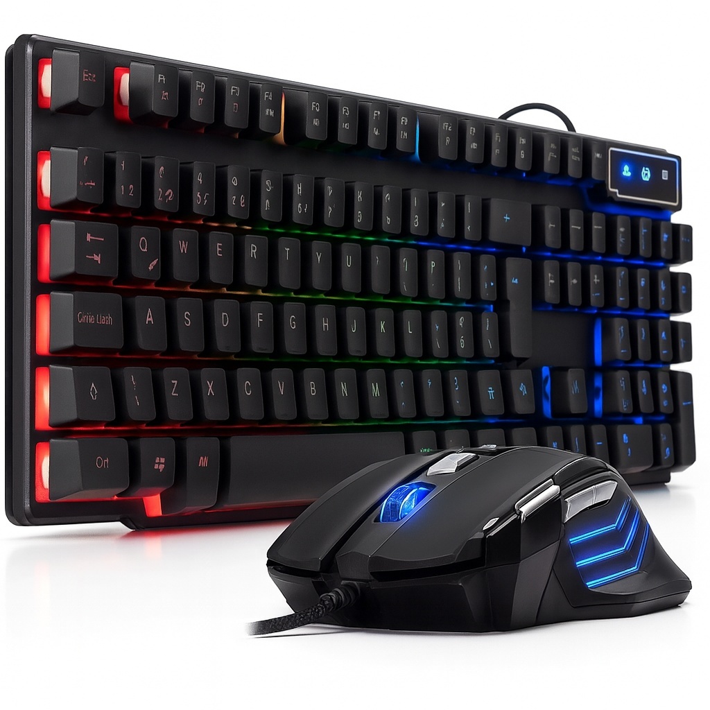 Kit Teclado e Mouse Gamer Semi Mecânico LED RGB USB Português BR Compatível PC e PS4