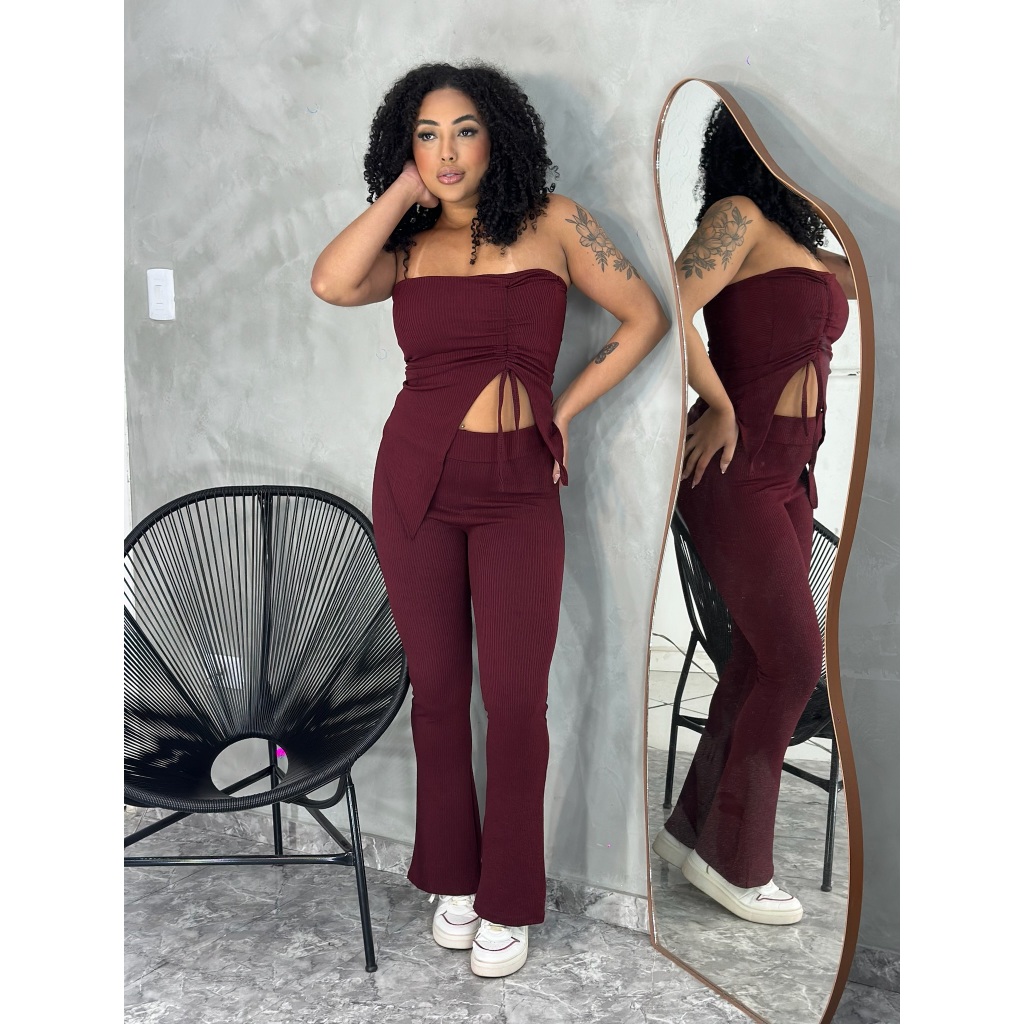 Conjunto Feminino Calça E Blusa Cropped Tomara Que Caia Assimetrica em Oferta na Shopee