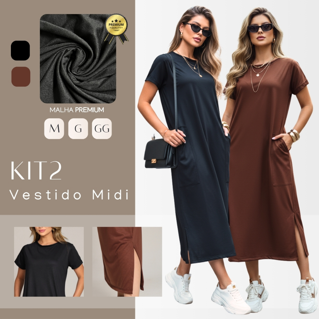 Kit C/ 2 Vestidos Midi Gola Redonda Manga Curta Fenda Lateral e Bolso Externo M ao GG em Oferta na Shopee