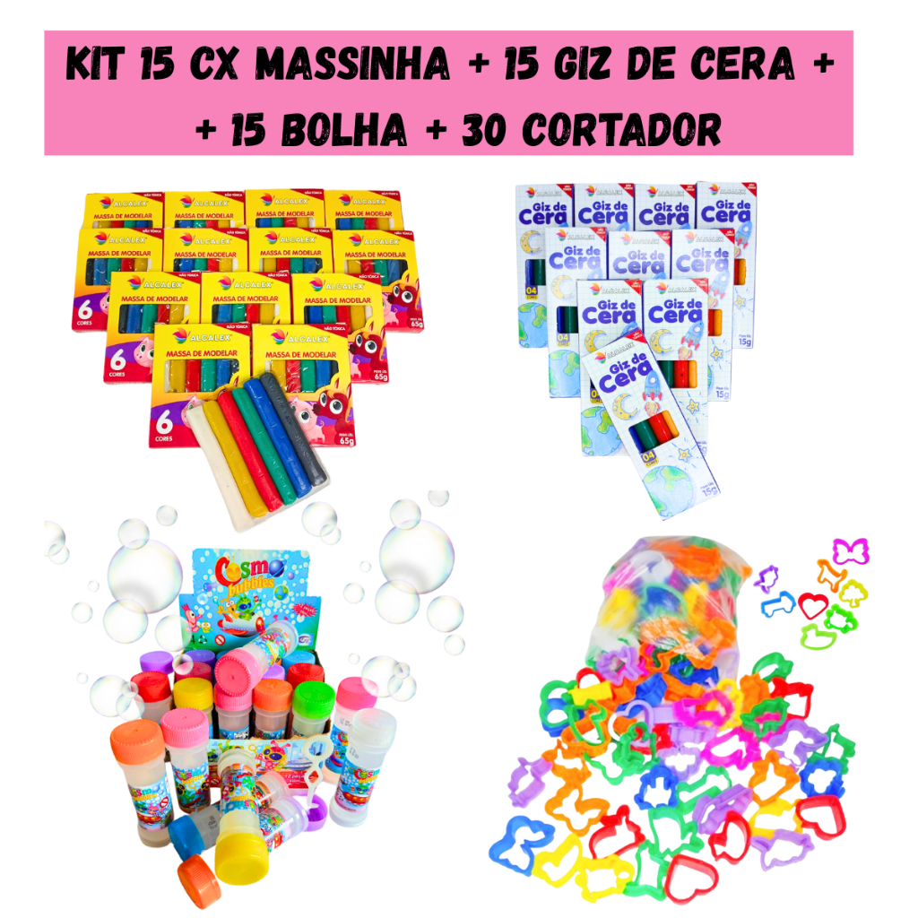 Kit 15 Massinha de Modelar + 15 Mini Giz de Cera + 15 Bolha de Sabão  + 30 Cortadores de Massinha em Oferta na Shopee