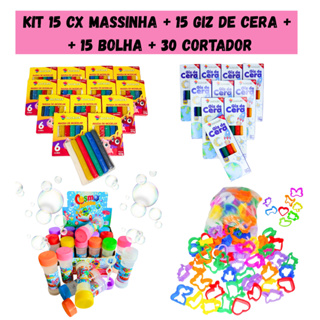 Kit 15 Massinha de Modelar + 15 Mini Giz de Cera + 15 Bolha de Sabão  + 30 Cortadores de Massinha em Oferta na Shopee