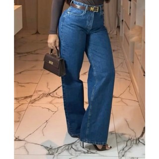 Calça Jeans Feminina Wide Leg Pantalona Lisa