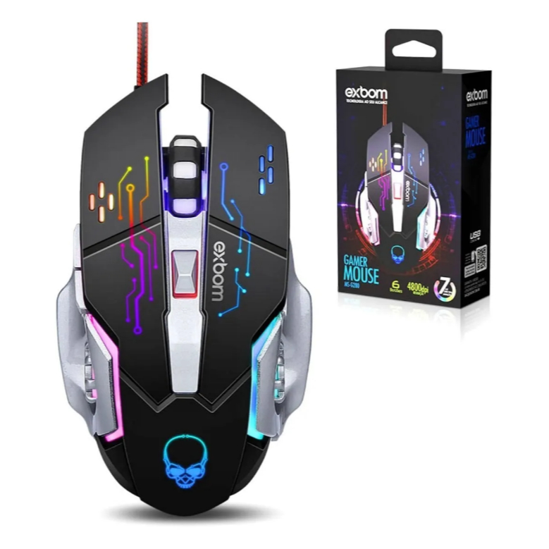 Mouse Gamer 6 Botões 4800DPI 4 Modos Cabo 1.5m Exbom MS-G280 Preto/Prata